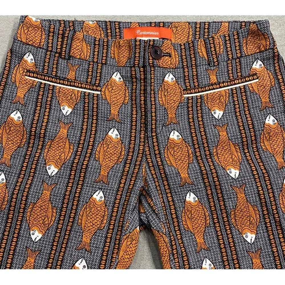 Anthropologie Cartonnier Fish Print Ankle Pants Orange Grey Koi Novelty Size 0